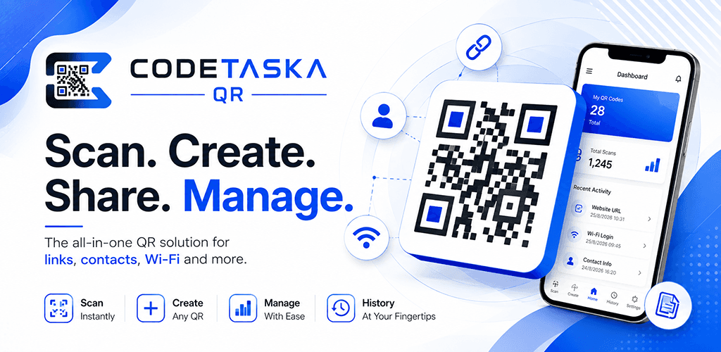 CodeTaska QR app showcase with scanning, creation, management and history tools
